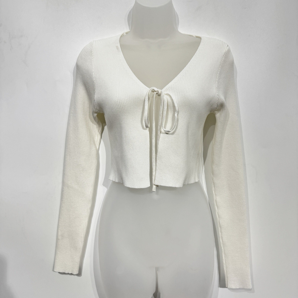 Women’s Ribbed Knit Tie Cardigan Sz L White Balletcore Cottage Slim Dainty Boho